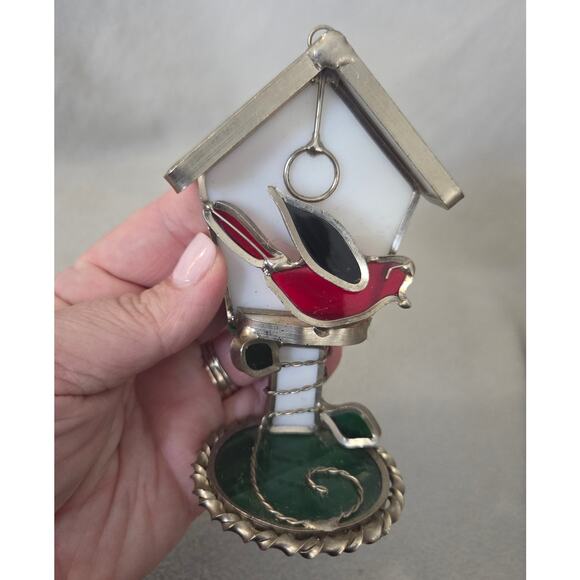 3d Stained Glass Suncatcher Bird House Red Bird Cardinal White - Picture 5 of 9